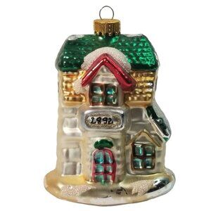 Glass Christmas Ornament Glass House Green Roof Holiday Home Hanging Shiny Town